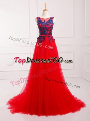 Scoop Sleeveless Junior Homecoming Dress Brush Train Lace and Appliques Red Tulle