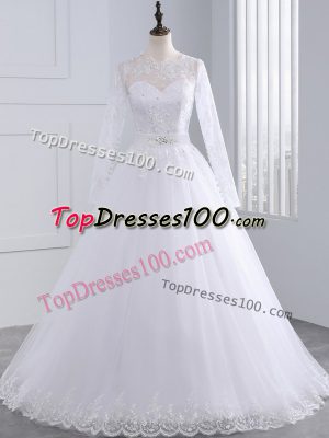 Long Sleeves Brush Train Zipper Lace and Appliques Wedding Gowns