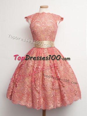 Watermelon Red Ball Gowns High-neck Cap Sleeves Lace Knee Length Lace Up Belt Dama Dress