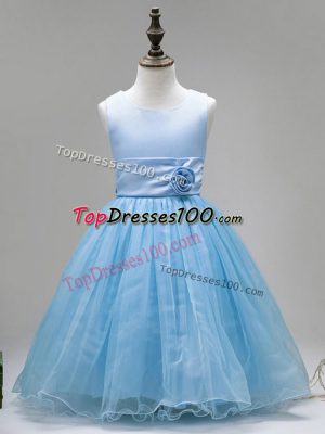 Baby Blue Scoop Zipper Hand Made Flower Flower Girl Dress Sleeveless