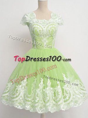 Knee Length Zipper Wedding Party Dress Yellow Green for Prom and Party and Wedding Party with Lace