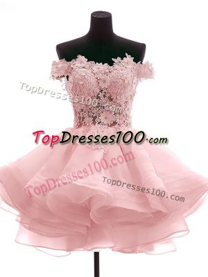 Pink Taffeta Zipper Prom Dresses Sleeveless Mini Length Lace and Appliques and Ruffles