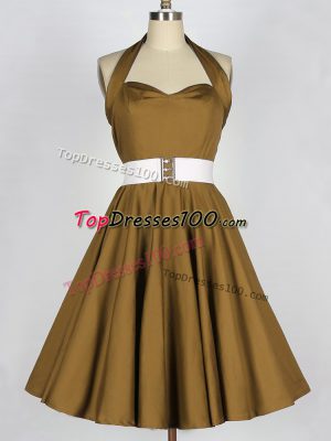 Sumptuous Brown A-line Halter Top Sleeveless Taffeta Knee Length Lace Up Belt Quinceanera Court Dresses