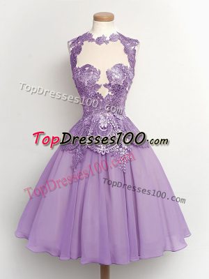 New Style Lavender Chiffon Lace Up High-neck Sleeveless Knee Length Damas Dress Lace