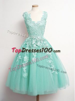 Custom Designed Appliques Bridesmaid Dress Aqua Blue Lace Up Sleeveless Knee Length
