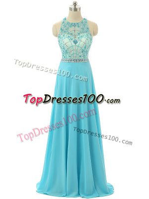 Aqua Blue Evening Dress Prom and Sweet 16 and Beach with Beading Scoop Sleeveless Zipper