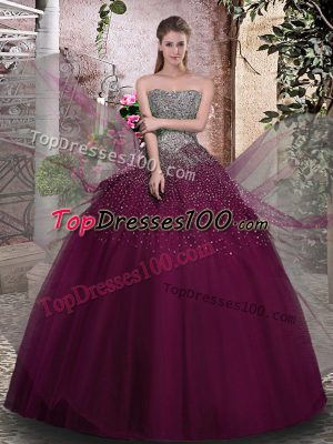 Sleeveless Floor Length Beading Lace Up Sweet 16 Dress with Purple