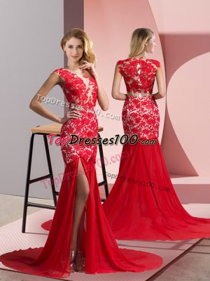 Sleeveless Brush Train Zipper Lace Prom Gown