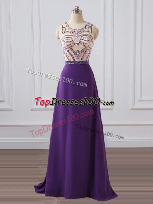 Purple Pageant Dress for Teens Prom and Military Ball and Sweet 16 with Beading Scoop Sleeveless Brush Train Zipper