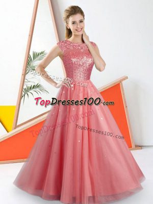 Pretty A-line Court Dresses for Sweet 16 Watermelon Red Bateau Tulle Sleeveless Floor Length Backless