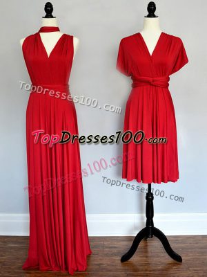 Red Wedding Guest Dresses Prom and Wedding Party with Ruching V-neck Sleeveless Lace Up