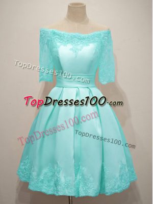 Elegant Knee Length Lace Up Wedding Party Dress Aqua Blue for Prom and Party and Wedding Party with Lace