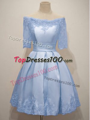 Light Blue A-line Lace Dama Dress Lace Up Taffeta Half Sleeves Knee Length