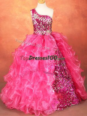 Hot Pink Ball Gowns One Shoulder Sleeveless Organza Floor Length Lace Up Beading and Ruffles and Sequins Party Dress