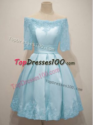 Light Blue Taffeta Lace Up Quinceanera Court of Honor Dress Half Sleeves Knee Length Lace