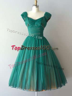Teal Cap Sleeves Ruching Knee Length Dama Dress