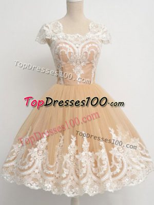 Champagne A-line Lace Wedding Party Dress Zipper Tulle Cap Sleeves Knee Length