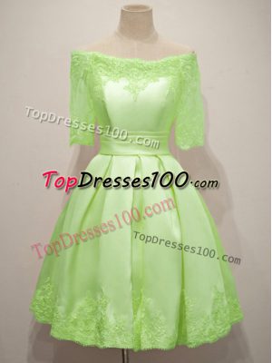 Cheap A-line Wedding Guest Dresses Yellow Green Off The Shoulder Taffeta Half Sleeves Knee Length Lace Up