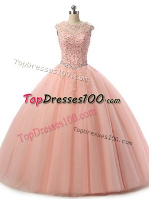 Scoop Sleeveless Sweet 16 Dress Floor Length Beading and Lace Peach Tulle