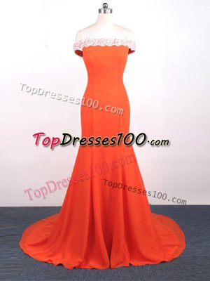 Orange Red Chiffon Side Zipper Formal Evening Gowns Sleeveless Watteau Train Lace and Appliques