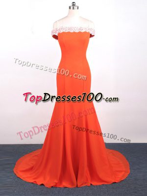 Orange Red Chiffon Side Zipper Formal Evening Gowns Sleeveless Watteau Train Lace and Appliques