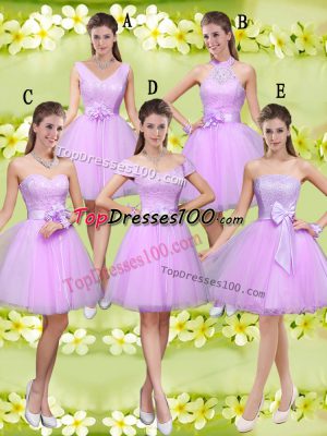 Knee Length Lilac Vestidos de Damas Tulle Sleeveless Lace and Belt