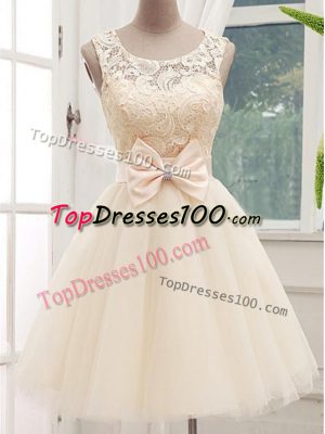Champagne Sleeveless Knee Length Lace and Bowknot Lace Up Bridesmaid Dress
