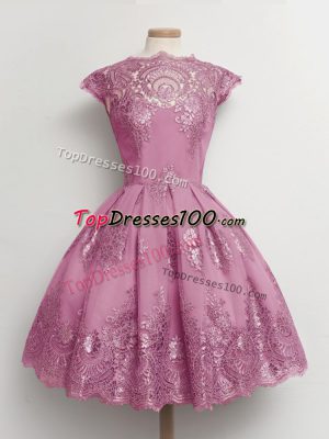 Luxury Lilac Bridesmaids Dress Prom and Party and Wedding Party with Lace Scalloped Cap Sleeves Lace Up