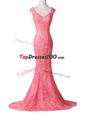 Affordable Watermelon Red V-neck Backless Lace Prom Gown Brush Train Cap Sleeves