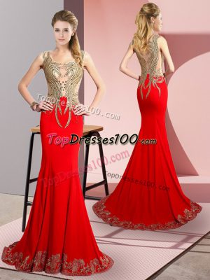 Captivating Red Sleeveless Brush Train Beading and Appliques Prom Party Dress