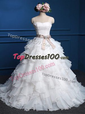 Stylish White Lace Up Sweetheart Lace and Ruffles Bridal Gown Organza Sleeveless