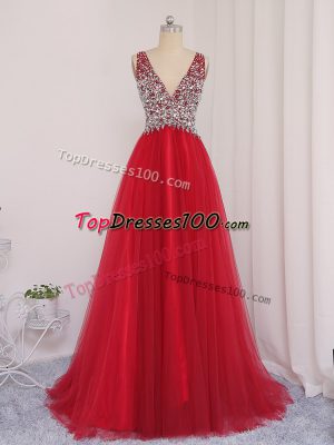 Custom Design Backless Red Carpet Prom Dress Red for Prom and Party and Military Ball with Beading Brush Train