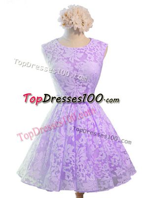 Ideal Knee Length Lavender Bridesmaid Dress Scoop Sleeveless Lace Up