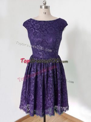 Excellent Lace Bridesmaids Dress Purple Lace Up Cap Sleeves Knee Length