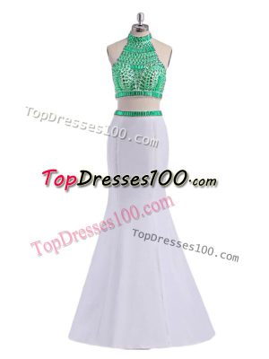 White Criss Cross Prom Evening Gown Beading Sleeveless Floor Length