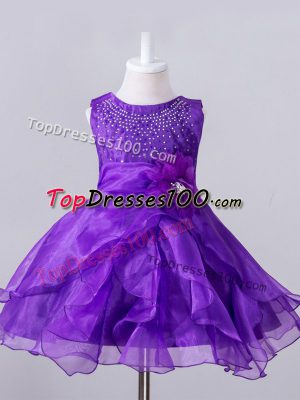 Trendy Ball Gowns Kids Pageant Dress Purple Scoop Organza Sleeveless Knee Length Zipper