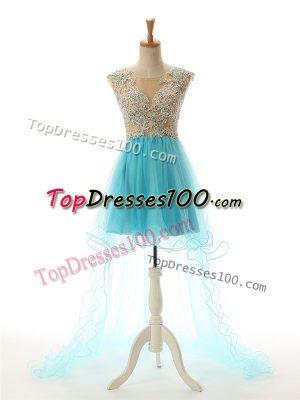 Lovely Aqua Blue Backless Scoop Beading and Lace and Appliques Prom Gown Tulle Sleeveless