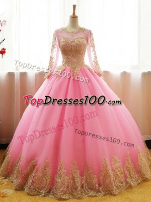 Super Scoop Long Sleeves Lace Up 15 Quinceanera Dress Pink Organza