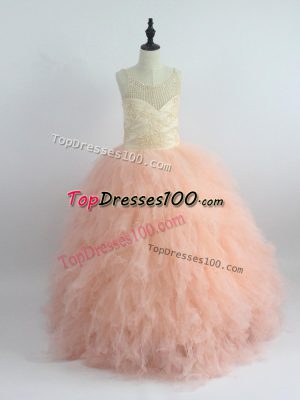 Peach Zipper Party Dress Wholesale Appliques and Ruffles Sleeveless Floor Length
