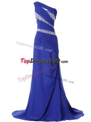 Blue Column/Sheath Beading and Ruching Prom Dresses Lace Up Chiffon Sleeveless