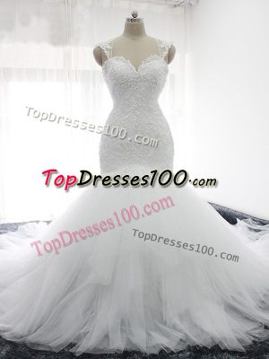 Straps Sleeveless Court Train Backless Wedding Gown White Tulle
