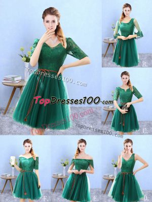 Tulle V-neck Half Sleeves Backless Lace Wedding Guest Dresses in Green
