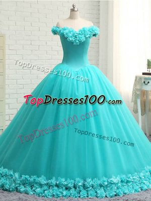 Customized Aqua Blue Ball Gowns Tulle Off The Shoulder Sleeveless Hand Made Flower Lace Up Sweet 16 Dress Court Train