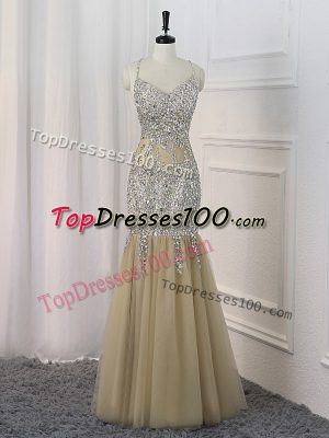 Sleeveless Sequined Floor Length Backless Dress for Prom in Champagne with Sequins