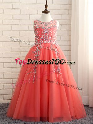 Sleeveless Tulle Floor Length Zipper Girls Pageant Dresses in Watermelon Red with Beading