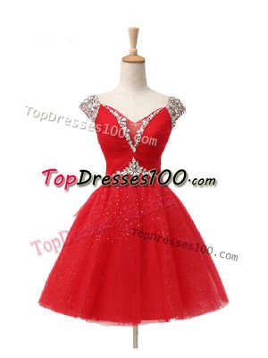 Glittering Mini Length A-line Cap Sleeves Red Prom Dress Lace Up