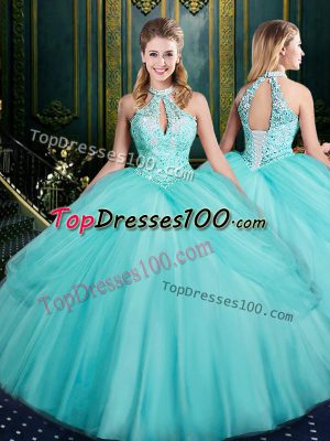 Modern Floor Length Aqua Blue Quinceanera Dress Halter Top Sleeveless Lace Up