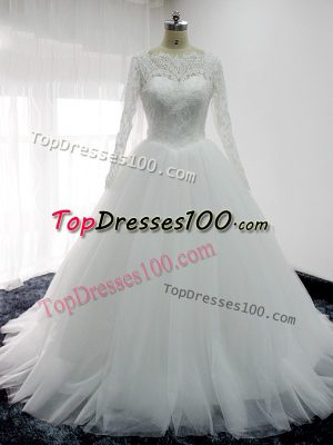 Comfortable White Ball Gowns Tulle Square Long Sleeves Lace and Appliques Backless Bridal Gown Brush Train