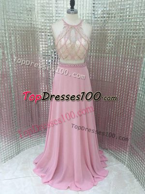 Brush Train Two Pieces Prom Gown Pink Chiffon Sleeveless Zipper