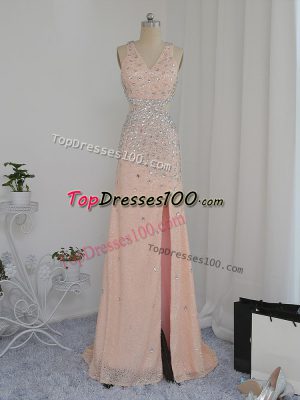 Discount Sleeveless Floor Length Beading Backless Homecoming Dress with Peach